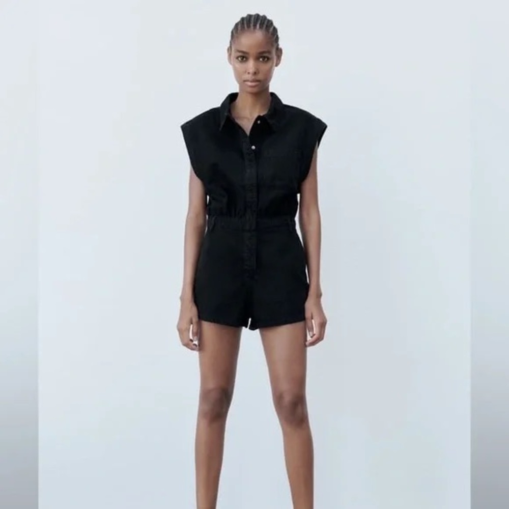 Zara Women's Black Stretch Waist Denim Short Jumpsuit NWT